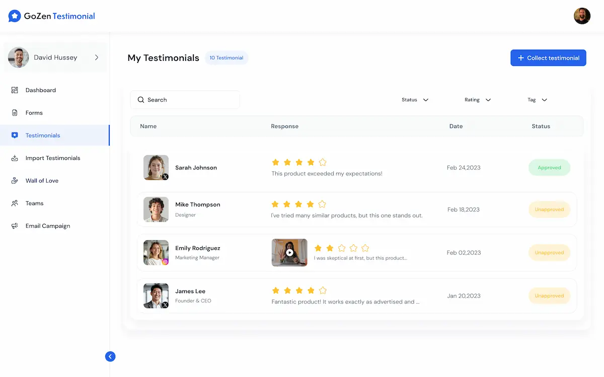 Gozen Testimonial Hub