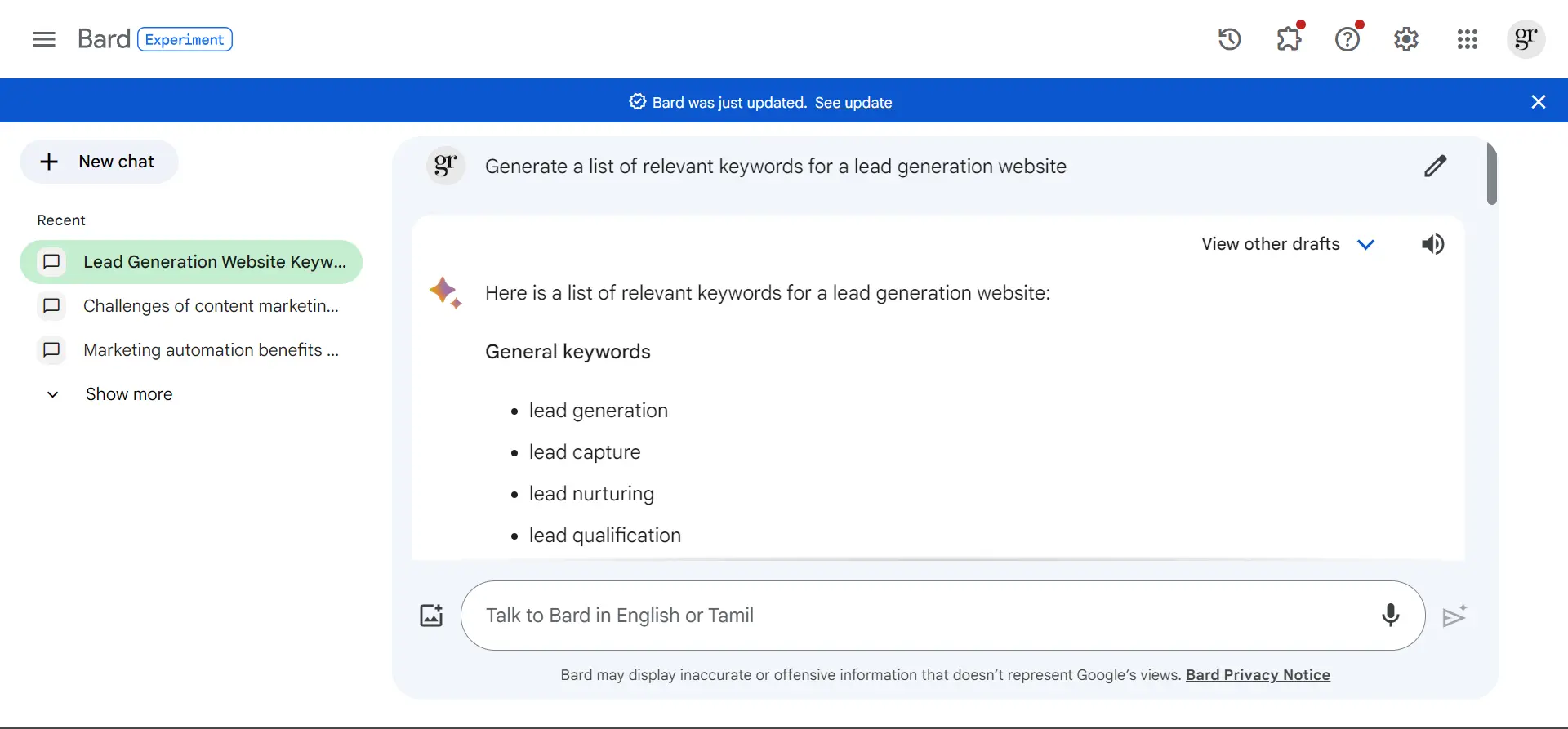 Google Bard for Keyword research