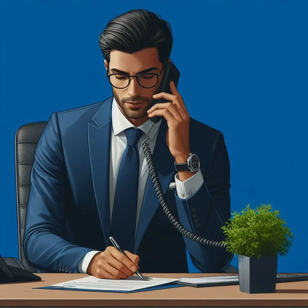 a_business_entrepreneur_wearing_a_royal_blue_suit_is_talking_to_someone_sitting_at_his_desk_on_the_phone