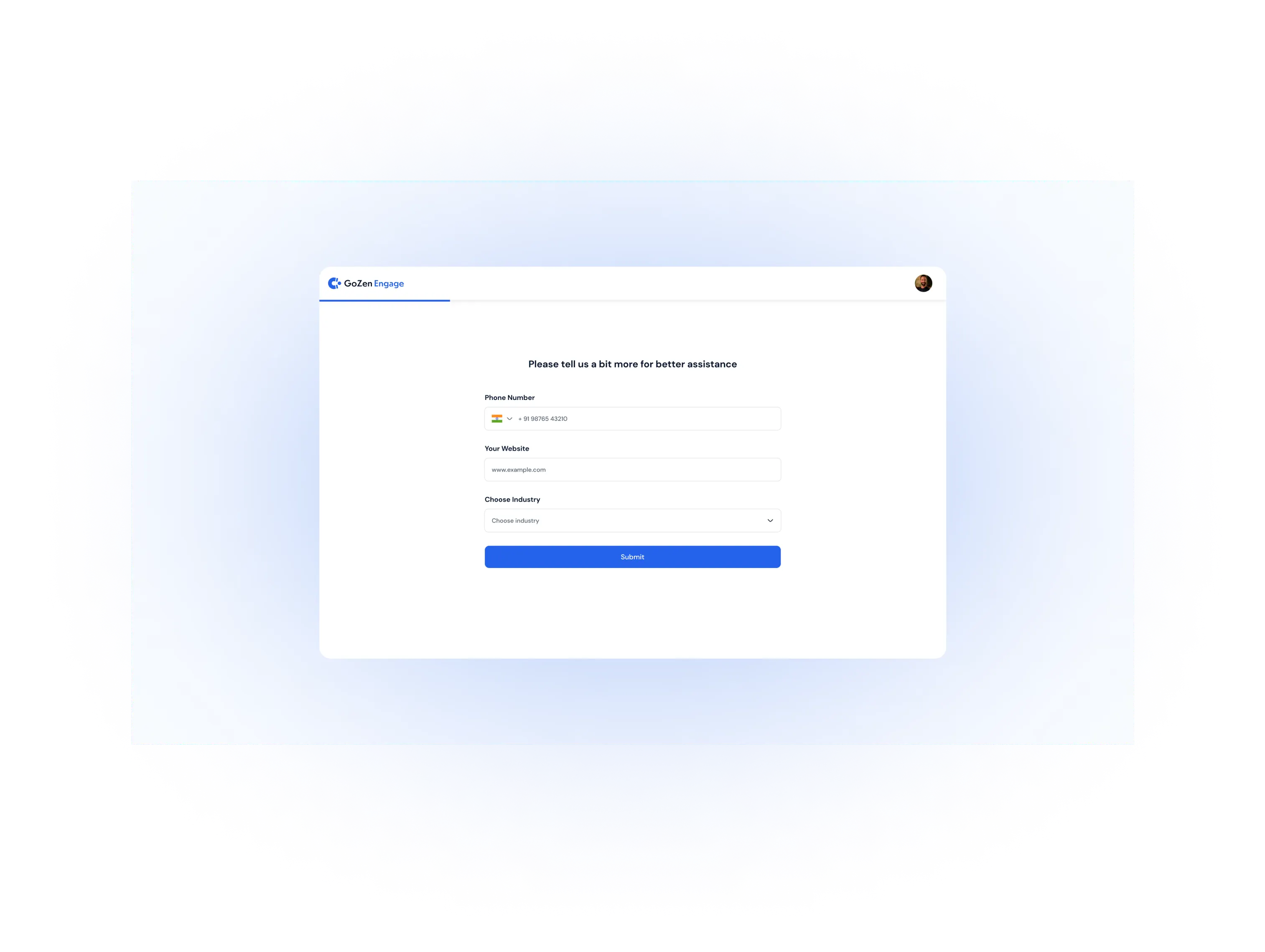 onboarding form after signing up to the product